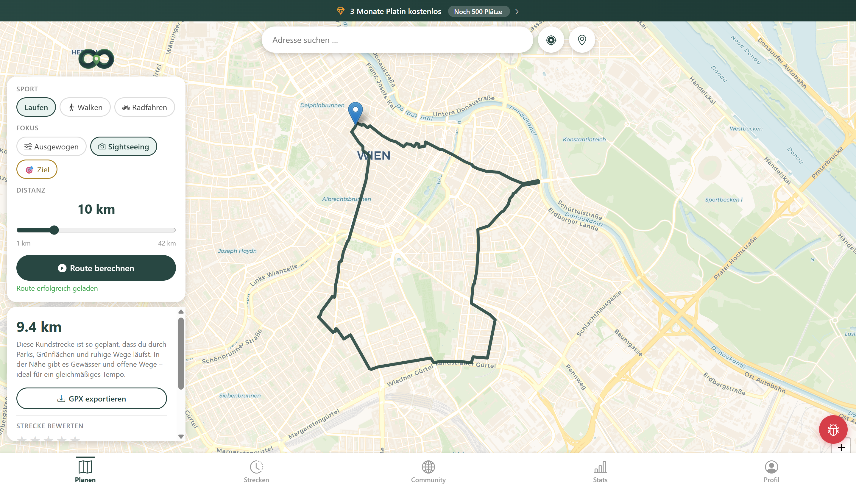 Strekon App – Automatisch generierte Rundstrecke durch Wien